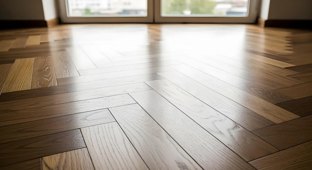 Parquet antiguo en Burgos antes y después de lijar y barnizar: de madera opaca y rayada a acabado brillante y uniforme